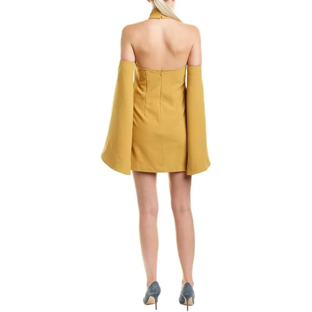 C/MEO Collective women's XS mustard halter flare sleeve cold shoulder mini dress